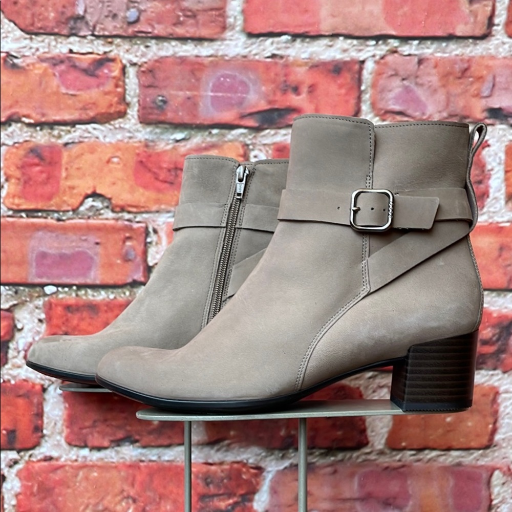 Beige Leather ecco Buckle Stacked Heel Ankle Booties